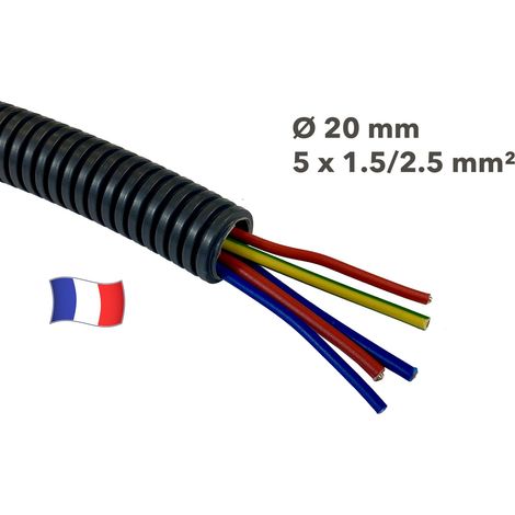 Gaine électrique préfilée 50 mètres diam 20 avec 5 fils Bleu, Rouge 1.5 mm² Bleu, Vert/Jaune, Rouge 2.5 mm² - PREFA ELEC (1/2)