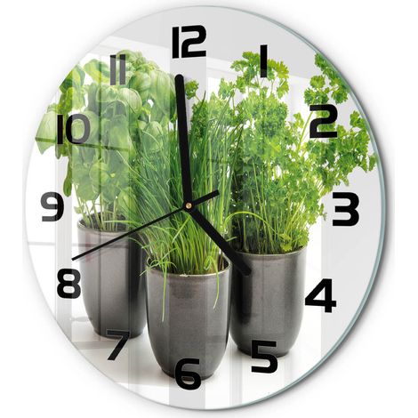 Horloge Murale Ronde à Quartz en Verre Trempé Silencieuse Sans Tic-Tac Herbes en pots fi 30 cm (1/5)
