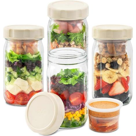4 lot verre salade bocaux couvercles repas préparation Wet sec séparation vinaigrette et sec Ingredients 32oz MasonJars (1/5)