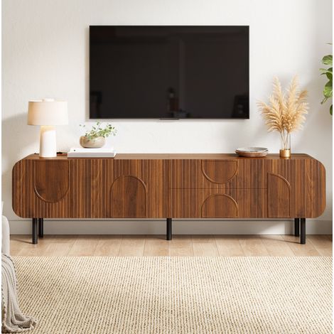 Meuble TV 180 cm noyer, 3 portes, 2 tiroirs, rainures verticales, pieds métal (1/5)