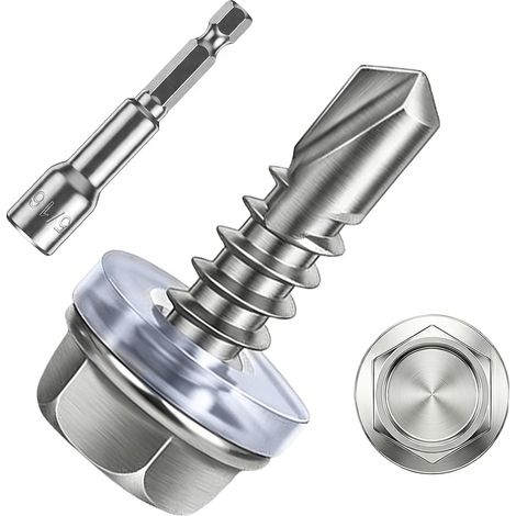 Vis Autoforeuse Metal Inox 410 Vis Autoperforante 4.8x16mm 100Stk avec Rondelles D'étanchéité EPDM Fixation étanche et 1 Douilles Hexagonale pour Metal Bac Acier Bois Tôle Placo Toiture (1/5)