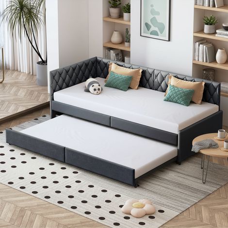 Ausziehbett 90x200 cm mit Stauraum, Holzlattenrost und Metallrahmen, Samt Polsterbett, Grau