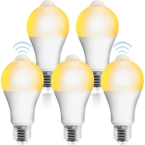 5 Pack E27 LED Light Bulbs with PIR Motion Sensor 12W Warm White 2700K 1100 Lumens 120° Beam Angle 80 CRI Non-Dimmable Energy Saving Bulbs for Balcony Hallway (1/5)