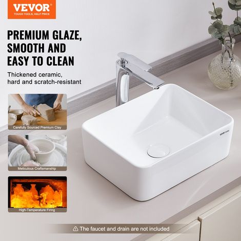 Lavabo rectangulaire, 406 x 305 mm, vasque à poser en céramique blanche au-dessus du comptoir, style moderne, lumineux et élégant,… (1/5)