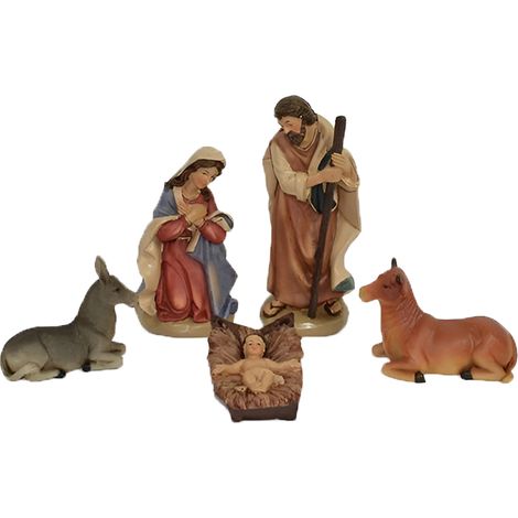 Natività Completa 5 Pezzi Altezza Max 11 cm Presepe Sacra Famiglia statuine con Giuseppe maria bambinello gesu' bue asinello Decorazione Raffinata