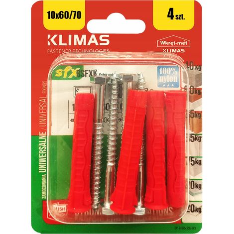 Chevilles Universelles Klimas 10 x 70 Avec Tete Hexagonale SW-10, Blister De 4