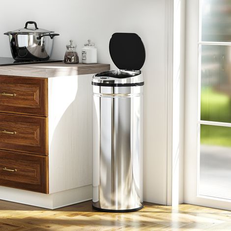 Poubelle capteur mouvement ouverture automatique 50L acier inox noir argent. Poubelle automatique design pour votre cuisine, moderne et élégante. (1/5)