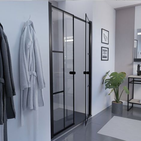 Cuisibane – Paroi de douche 2 portes pivotantes 120 cm – Verre trempé anticalcaire – Cadre aluminium noir mat – Système Stop Water étanchéité (1/3)