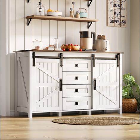 Aparador 137x40x81.5 cm blanco en MDF con puertas correderas y 4 cajones