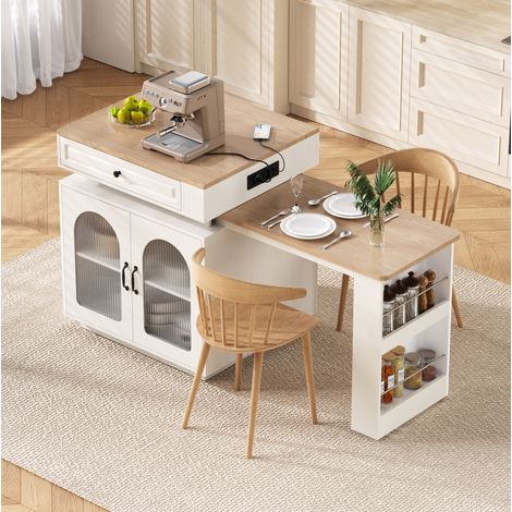 Tavolo da cucina estensibile con ruote, LED e prese USB/Type-C, bianco HAVRYA (1/5)