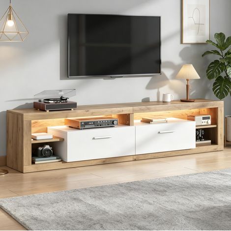 Mueble TV LED natural 180 cm con 2 cajones y 4 nichos, almacenaje diseño moderno para salón (1/5)
