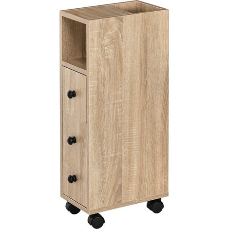 Kleankin Rollbarer Badezimmerschrank, Duschschrank mit 4 Rollen, 1 Schublade, 1 Schranktür, 2 offene Regalfächer, Eichenfarbe, 18 x 30 x 68,5 cm