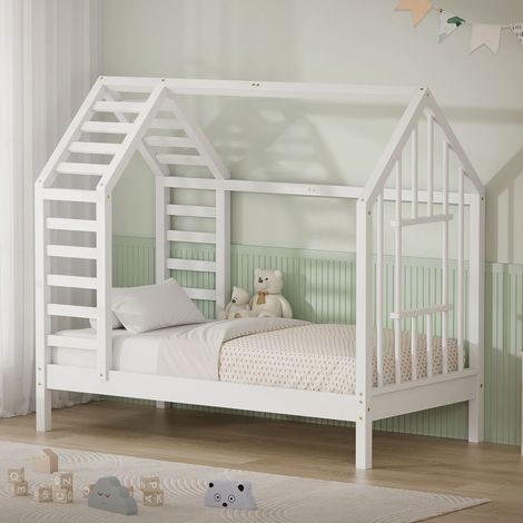 ML-Design Letto Montessori per bambini, a casetta, con rete a doghe 70x140 cm, lettino singolo con tetto e finestra per bambine, struttura in legno massiccio di pino, ideale per cameretta, bianco (1/5)