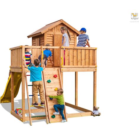 Fungoo Spielturm "My Side Step On", teak, mit Rutsche, Kletterwand, Leiter und Holzdach