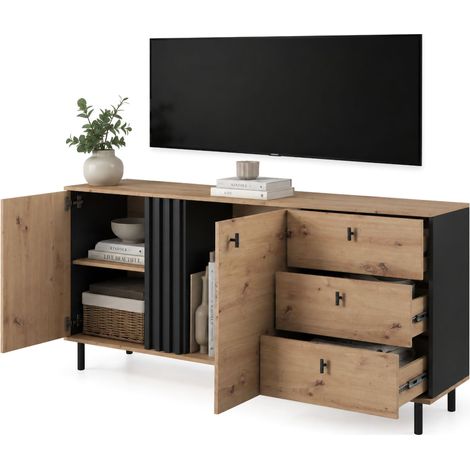 Credenza Haradali, Madia 3 Cassetti, 2 Ripiani, Apertura Battente, Scorrevole, 165x40x82h cm Marrone Rovere Nodi
