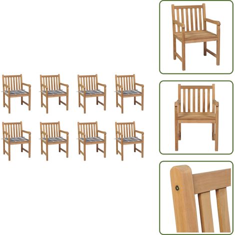 Chaises de jardin lot de 8 et coussins carreaux gris Bois teck - Chaise De Jardin - Mobilier De Jardin - Set De Chaises - Terrasse - Jardin (1/5)