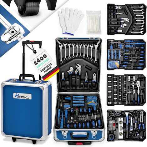 TRESKO 1400 tlg Werkzeugkoffer Blau Werkzeugkasten Werkzeugbox Werkzeugkiste Trolley Set (1/5)