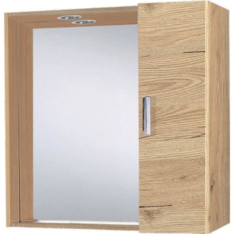 Specchio Contenitore Con 1 Anta + Faretto Led Cromato - 63 x 60 x 16 cm - 1 Ante Con Maniglia - Colore Rovere
