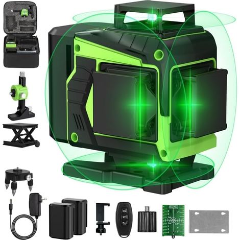 Niveau Laser Chantier Autonivelant 4 x 360°, Vert 4D 16 Lignes lazer niveaux,niveau laser 360 autonivelant avec 2 x Batterie, IP54, Support Rotatif, Télécommande & Mallette de transport