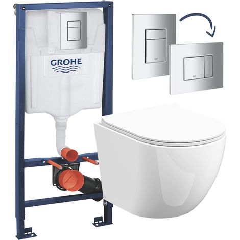 Gloss White Rimless D Shape Wall Hung Toilet with Grohe Rapid 1.13m Concealed Cistern Frame Set (1/4)