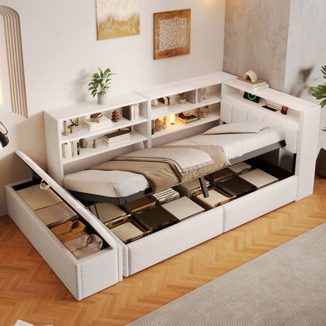 Lit Banquette Coffre 90x200 cm, Rangement Hydraulique, Banc de Bout de Lit, Meuble Latéral Réversible, LED et USB, Velours Blanc (1/5)