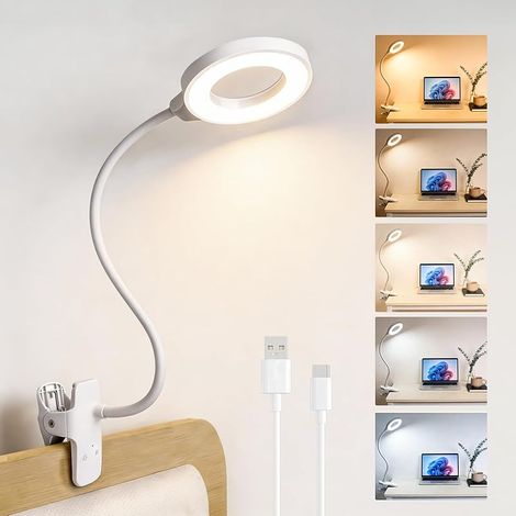 Lampe de Bureau Pince, 5 modes de couleur et 5 niveaux de luminosité, Lampe Lecture Clipsable LED Rechargeable, Flexible à 360°, pour Étude et Travail, Blanc (1/5)