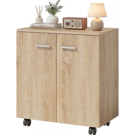 Niedriges Sideboard mit Rollen, 2 Türen und Einlegeboden aus Naturholz, 60 x 35 x 65 cm