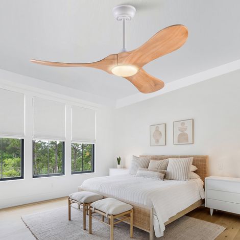 Ventilateur de plafond de 107 cm (42 pouces) avec éclairage et télécommande, trois pales en bois massif naturel, 3CCT, intensité variable, réversible, 6 vitesses, fonction mémoire de minuterie (1/5)