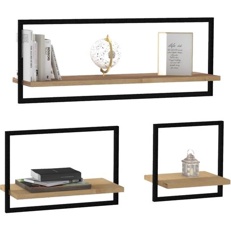 Mensola Gandosso, 3 Ripiani, set da 3 Mensole, Colore Struttura Nero, 80x20x30h cm Marrone Rovere