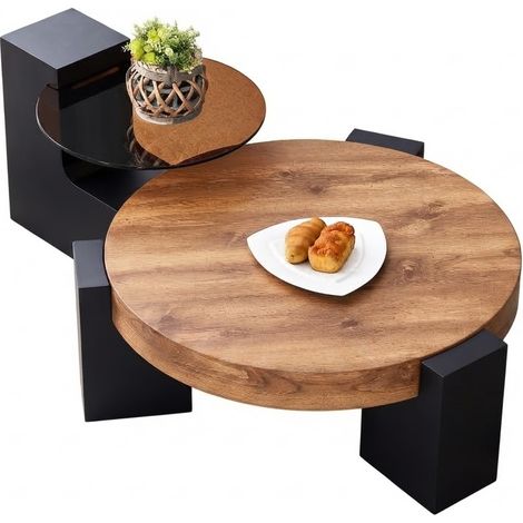 ELVMI Mesas de Centro Nido Redondas con 2 Niveles, Tablero de Vidrio y MDF, para Salón, Negro Madera (1/5)