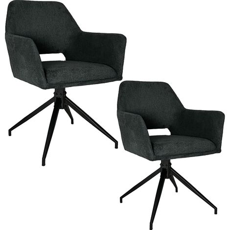 Lot de 2 chaises pivotantes 360° avec accoudoirs NOVAN tissu anthracite pieds métal noir (1/5)