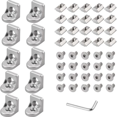 10 Équerres de Braquage 20x21.5x21.5mm pour Profilé à Rainure de 6mm + 20 Écrous + 20 Boulons M510mm Cornière Raccord en Aluminium Support (1/5)