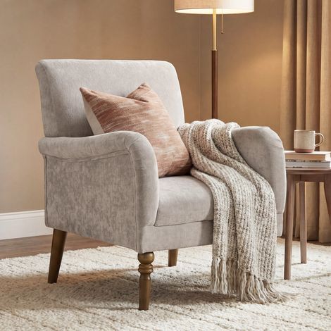 Sillón, sofá de 1 plaza con respaldo alto, reposabrazos, asiento ancho, patas de madera de caucho, tela de lino, gris.