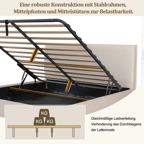 Lit double fonctionnel 180x200cm, sommier intégré, tête de lit rembourrée, coffre de rangement spacieux, pieds en bois massif, velours crème, mécanisme hydraulique (1/5)