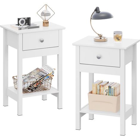 Set of 2 White Wooden Nightstands with Drawer and Shelf (1/5)