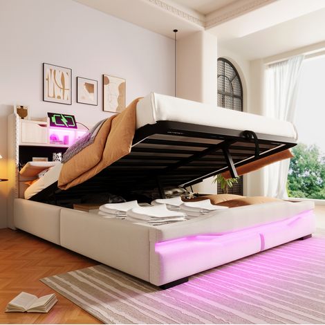 MODFU – Lit coffre 160x200 cm lin beige – LED et ports USB-C – Rangement hydraulique – Tête de lit rangement – Beige (1/5)