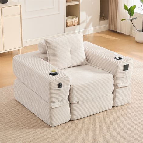 Canapé Convertible 1 Place - 122x98x80cm - Chauffeuse Pliante en Velours Côtelé avec Ressorts, Porte-Gobelet - Beige (1/5)