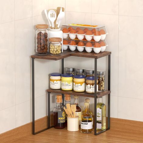 Étagère d'angle de cuisine à 2 niveaux en bois - Étagère d'angle réglable - Organiseur de cuisine pour cuisine, salle de bain, épices, table de dressage (1/5)