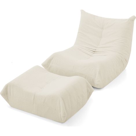 Sillón puff de suelo con respaldo y reposapiés de tejido teddy beige, relleno de espuma, HOMVRA (1/5)