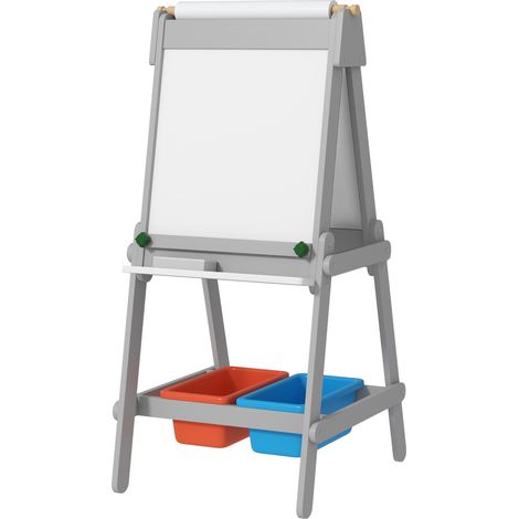 Tableau enfant double face avec chevalet, rouleau papier, boîtes rangement, gris
