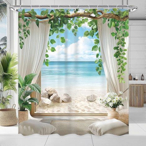 Rideau de douche Ocean Beach 180 x 180 cm (L x l) - Plage tropicale - Bleu océan - Paysage hawaïen - Feuilles vertes - Ensemble de salle de bain moderne et imperméable (1/5)