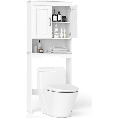 Costway – Meuble de rangement au-dessus des toilettes 168 cm – 2 portes – Compartiment ouvert – Étagère réglable – Bois composite – Blanc (1/5)