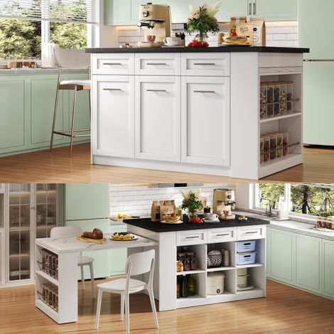 Îlot de cuisine multifonctionnel (150 cm + 96 cm), table à manger extensible blanche, plan de travail/table en bois marbré noir et blanc, placards de rangement intégrés, idéal pour les cuisines famili (1/5)