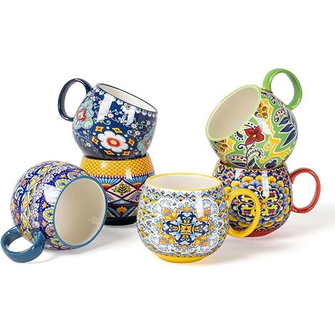 Set de tasses à cappuccino, tasses café en porcelaine avec anse, pour thé lait motifs et multicolores Style bohème (1/5)