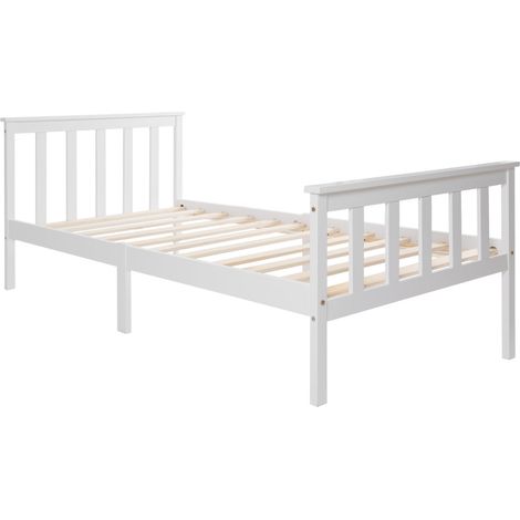 Cama individual 90 x 200 cm de madera blanca con somier de láminas y cabecero (1/5)