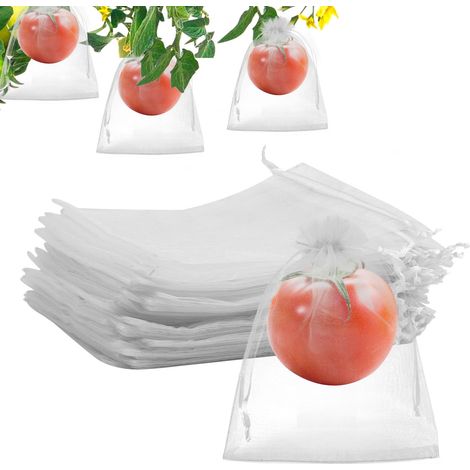100pcs Sacs de Protection pour Fruits, Filets à Cordon de Serrage Réutilisables Antiparasitaires pour Tomates Myrtilles Petits Fruits et Légumes du Jardin (Blanc) (1/5)