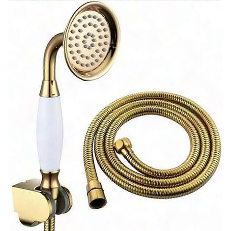 Handbrause aus goldfarbenem Messing mit 1,5 Meter Schlauch und Wandhalterung – Komplettes Duschkopf-Set (1/5)