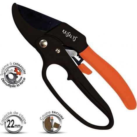 Sécateur à crémaillère 22mm – Lame en acier au carbone – Manche en aluminium avec soft grip – Système à crémaillère pour coupe nette – Krisalys