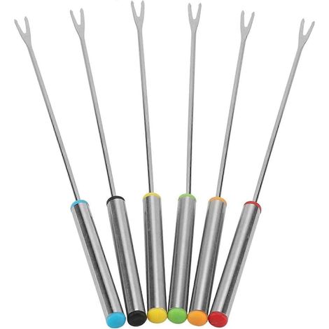 Lot de 6 fourchettes à fondue en acier inoxydable avec manches résistants à la chaleur, idéales pour la fondue au fromage, au chocolat, aux guimauves grillées et à la viande. (1/5)