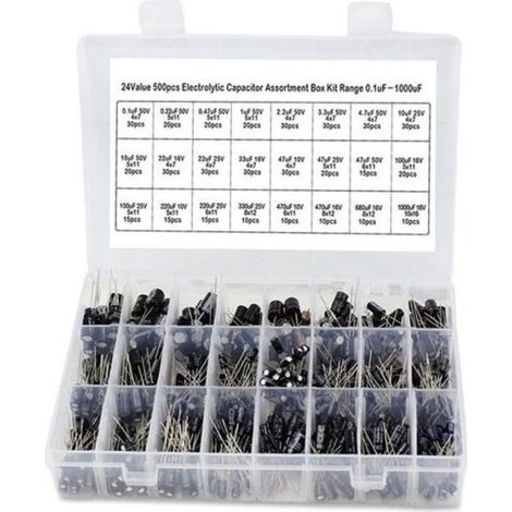 500pcs - lot Condensateurs electrolytiques de valeurs de 0.1UF-1000UF 24 Melange 16-50V Condensateur electrolytique Kit et boite de (1/4)